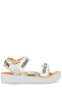 Versace Jeans Couture women’s white platform sandal with gold brown baroque sole and adjustable versace embossed straps