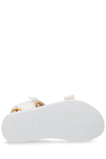 Versace Jeans Couture women’s white platform sandal with gold-tone chain detailing and textured rubber sole