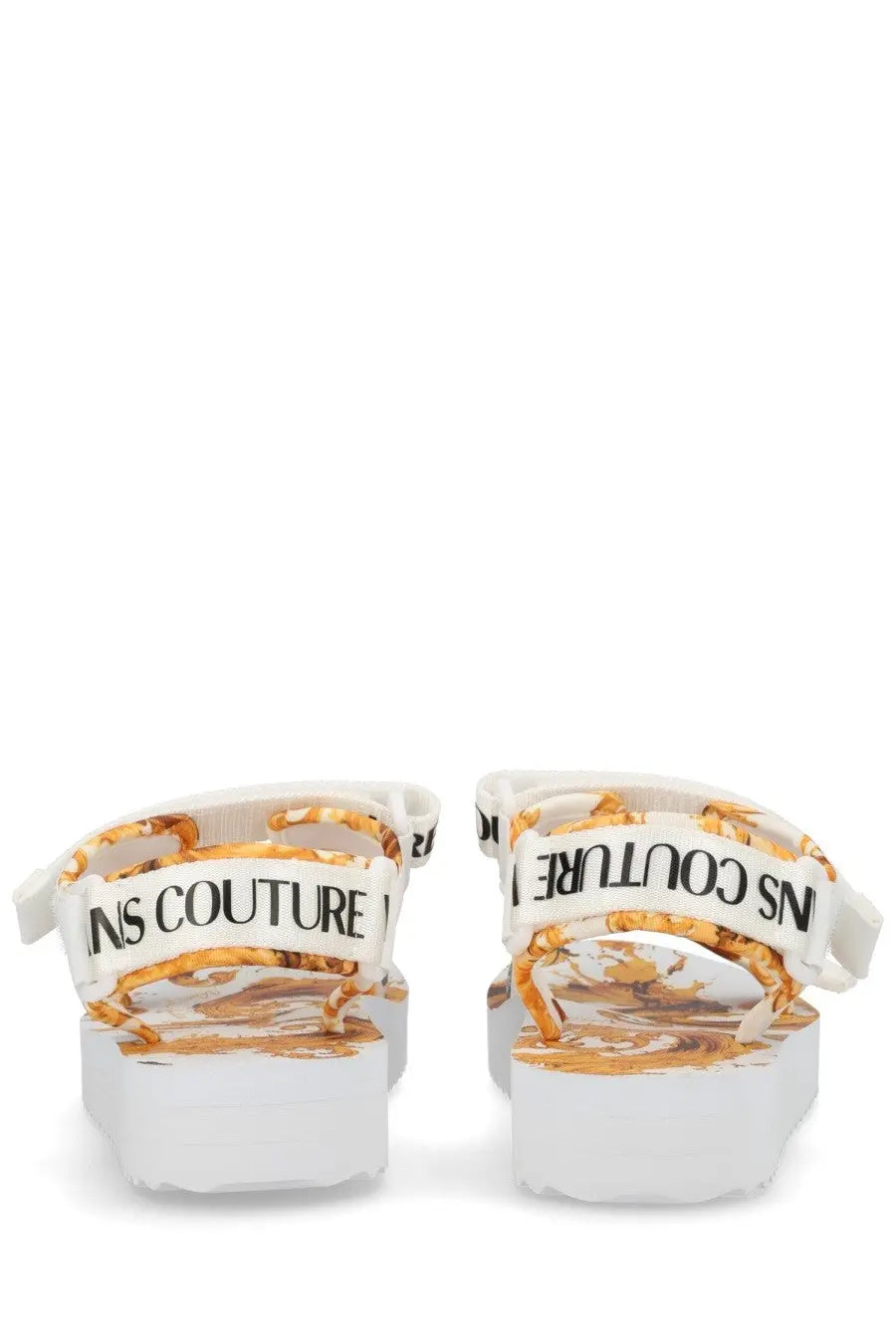 Versace Jeans Couture women’s white platform sandals with gold and brown baroque pattern and branded straps