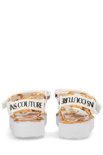 Versace Jeans Couture women’s white platform sandals with gold and brown baroque pattern and branded straps