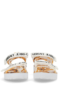 Versace Jeans Couture women’s white platform sandals with gold and cream baroque pattern and branded straps