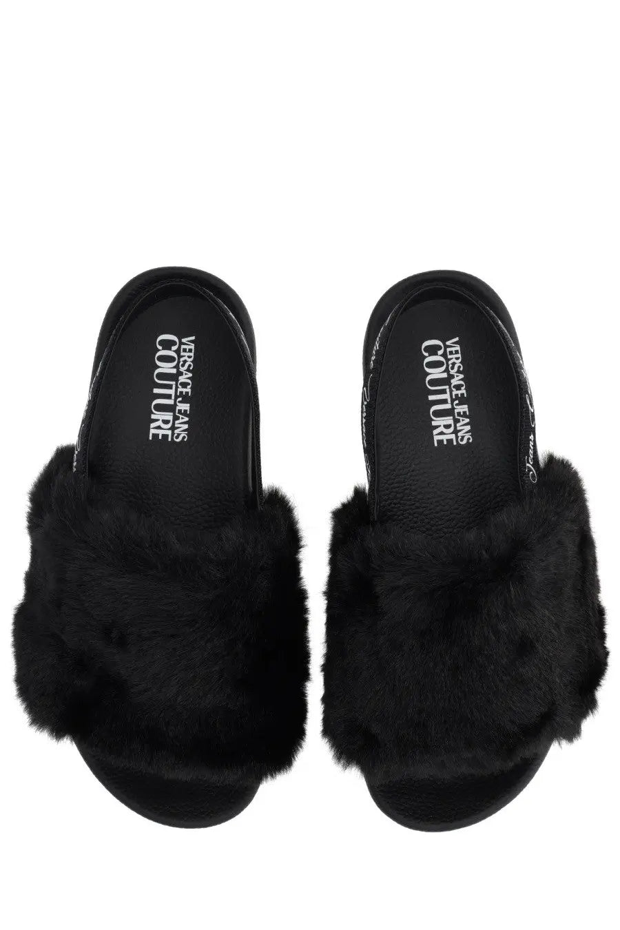 Versace jeans couture women’s black sandal shelly featuring black faux fur slide design for casual wear