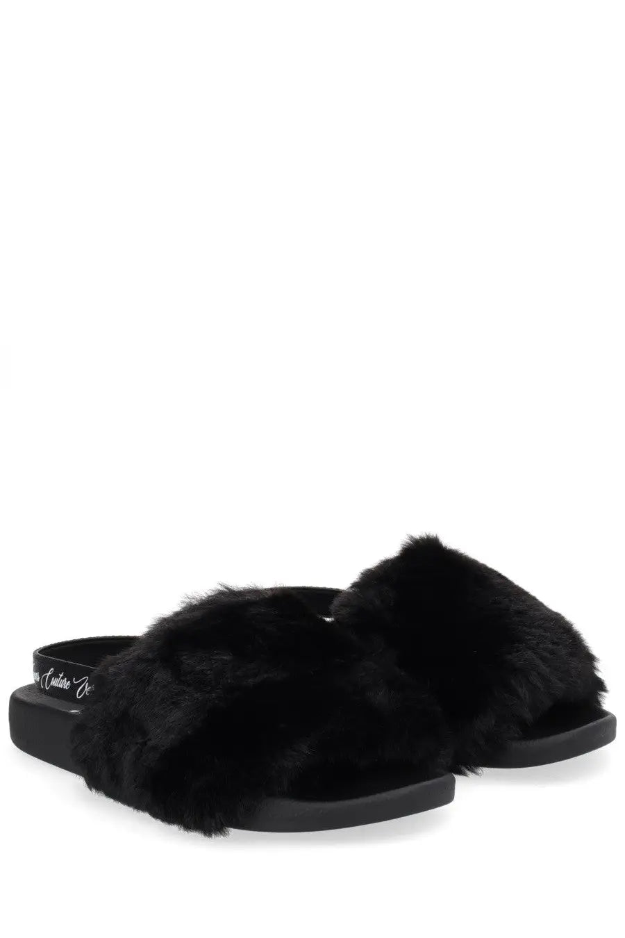 Versace jeans couture women’s slide sandals in black faux fur with plush texture and sleek rubber sole