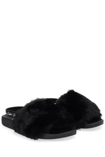 Versace jeans couture women’s slide sandals in black faux fur with plush texture and sleek rubber sole
