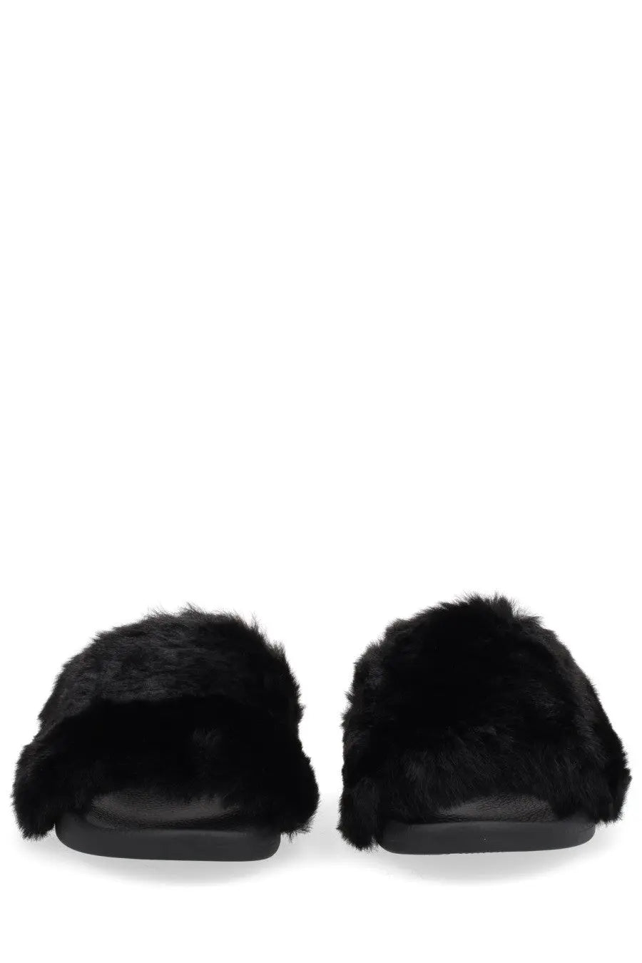 Versace jeans couture women’s black faux fur slide sandals with plush texture and sleek black rubber sole