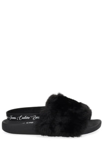 Versace jeans couture women’s black fuzzy slide sandal with plush faux fur strap and branded elastic band