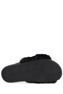 Versace Jeans Couture women’s black fuzzy slip-on slide sandal with plush faux fur strap and rubber sole