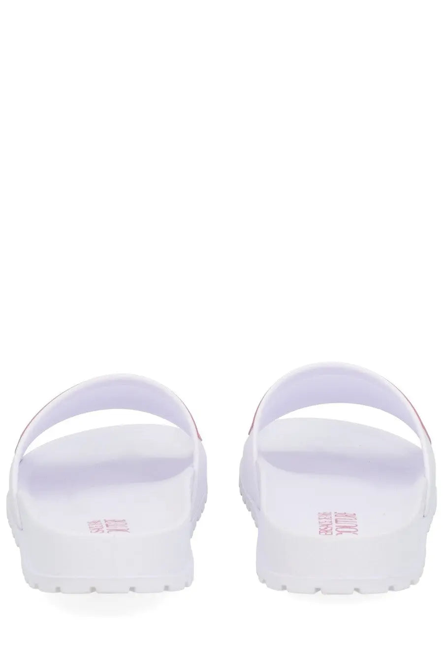Versace jeans couture women’s white rubber slide sandals with minimalist design and subtle pink branding on the heel