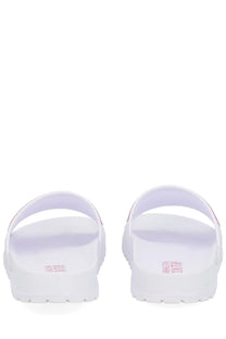 Versace jeans couture women’s white rubber slide sandals with minimalist design and subtle pink branding on the heel