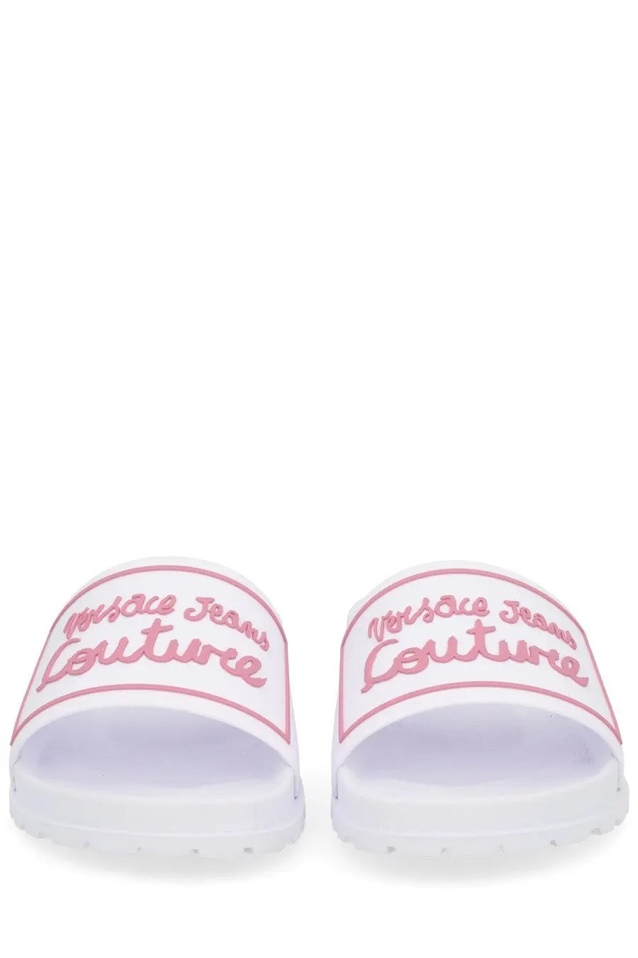 White versace jeans couture women’s slide sandals with pink embroidered branding in a shelly design