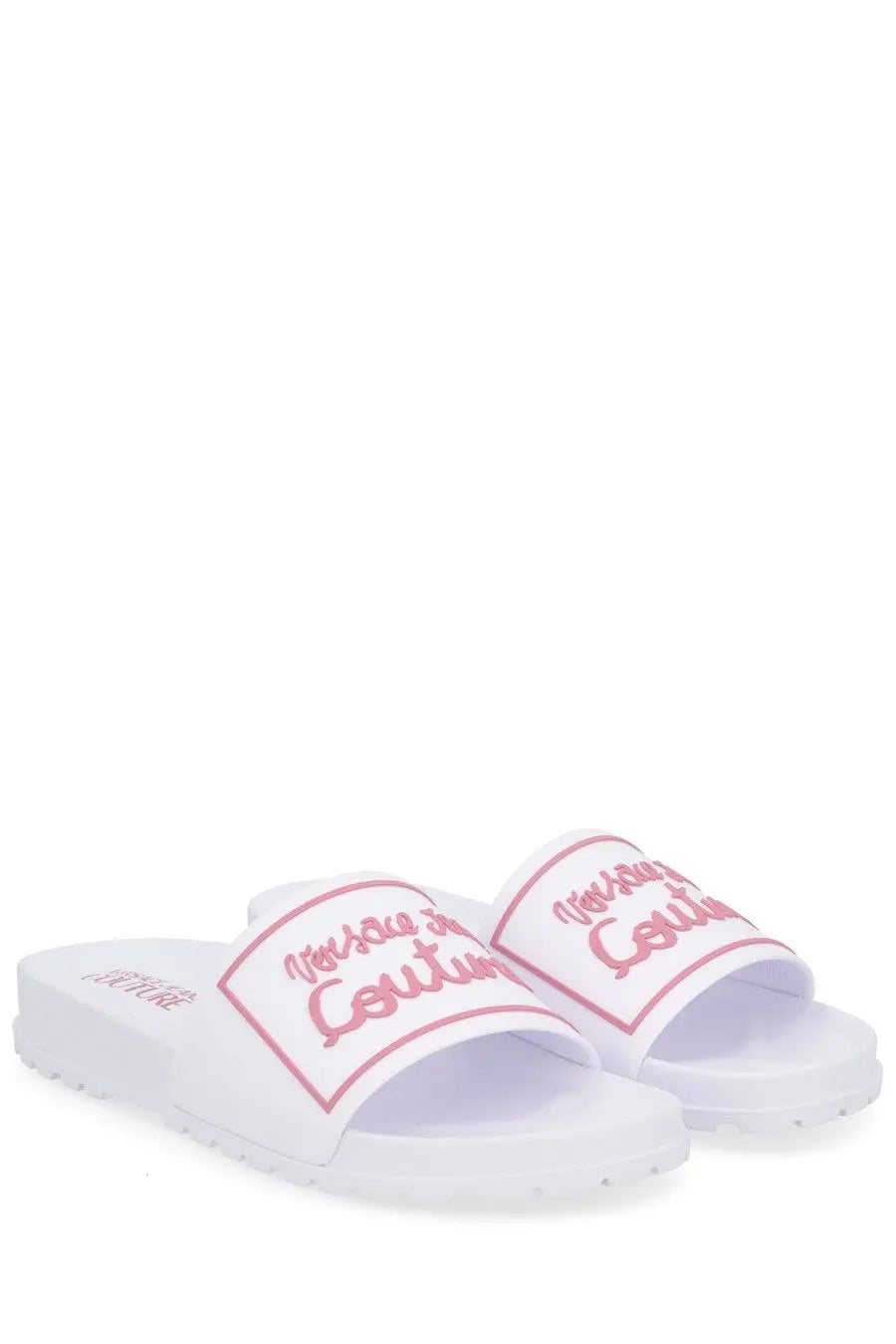 Versace Jeans Couture women’s white slide sandals with pink cursive logo detailing and cushioned sole