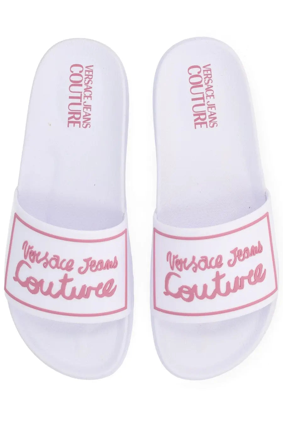Versace jeans couture women’s white slide sandals with pink script and border detailing