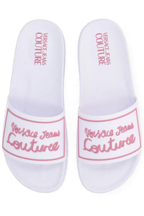 Versace jeans couture women’s white slide sandals with pink script and border detailing