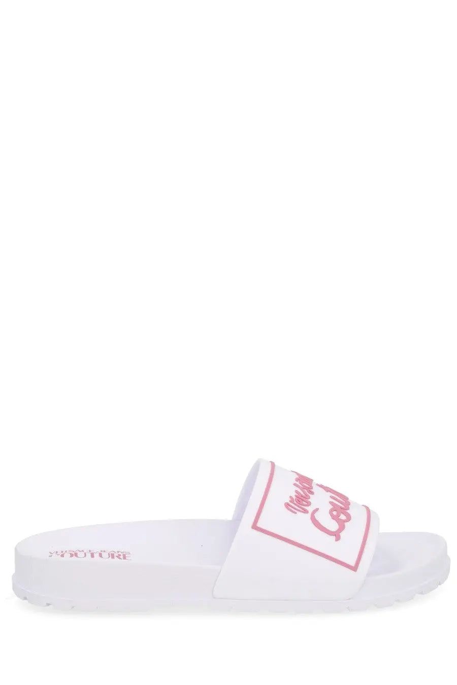 White versace jeans couture women’s slide sandal with pink juicy couture logo on strap