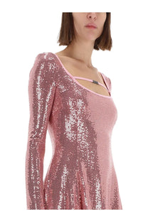 Versace jeans couture women’s pink sequined dress with long sleeves square neckline and delicate shoulder cut outs