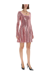 Versace Jeans Couture women’s pink sequined mini dress with long sleeves and square neckline in shimmering fabric