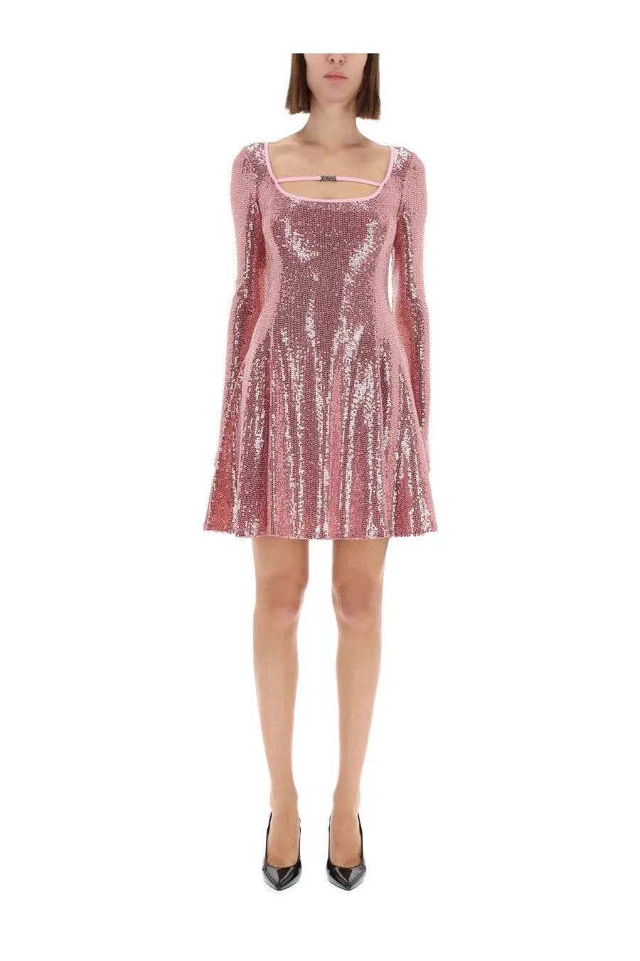 Versace jeans couture women’s pink sequined mini dress with long sleeves and square neckline in shimmering fabric