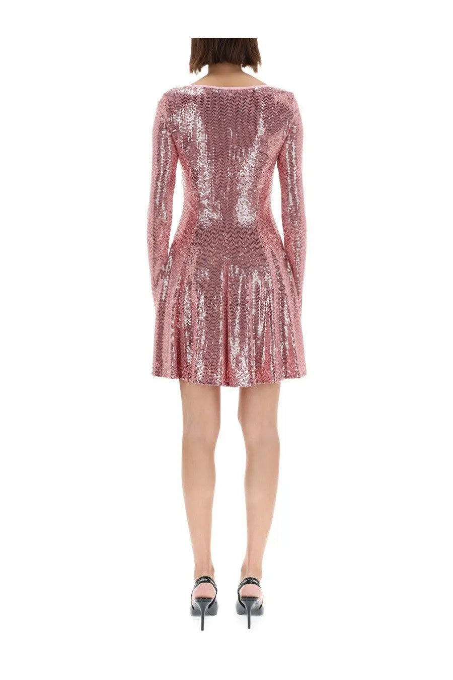 Versace Jeans Couture women’s blue sequined mini dress with long sleeves and a flared skirt in shimmering fabric