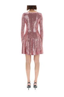 Versace Jeans Couture women’s blue sequined mini dress with long sleeves and a flared skirt in shimmering fabric