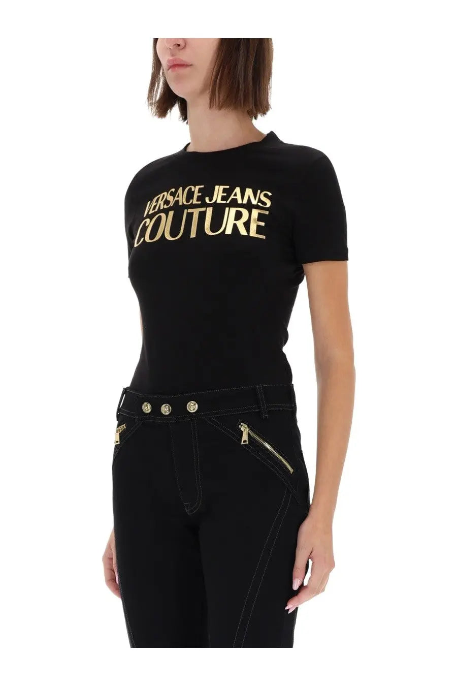 Black versace jeans couture women’s short sleeve t-shirt with gold lettering across the chest