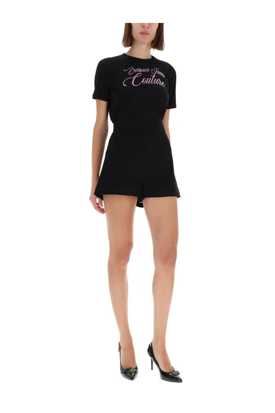 Versace Jeans Couture women’s black denim short-sleeved romper with pink embroidered logo on front