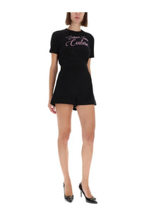 Versace Jeans Couture women’s black denim short-sleeved romper with pink embroidered logo on front