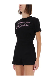 Versace jeans couture women’s black short-sleeved romper with pink embroidered logo in cotton fabric