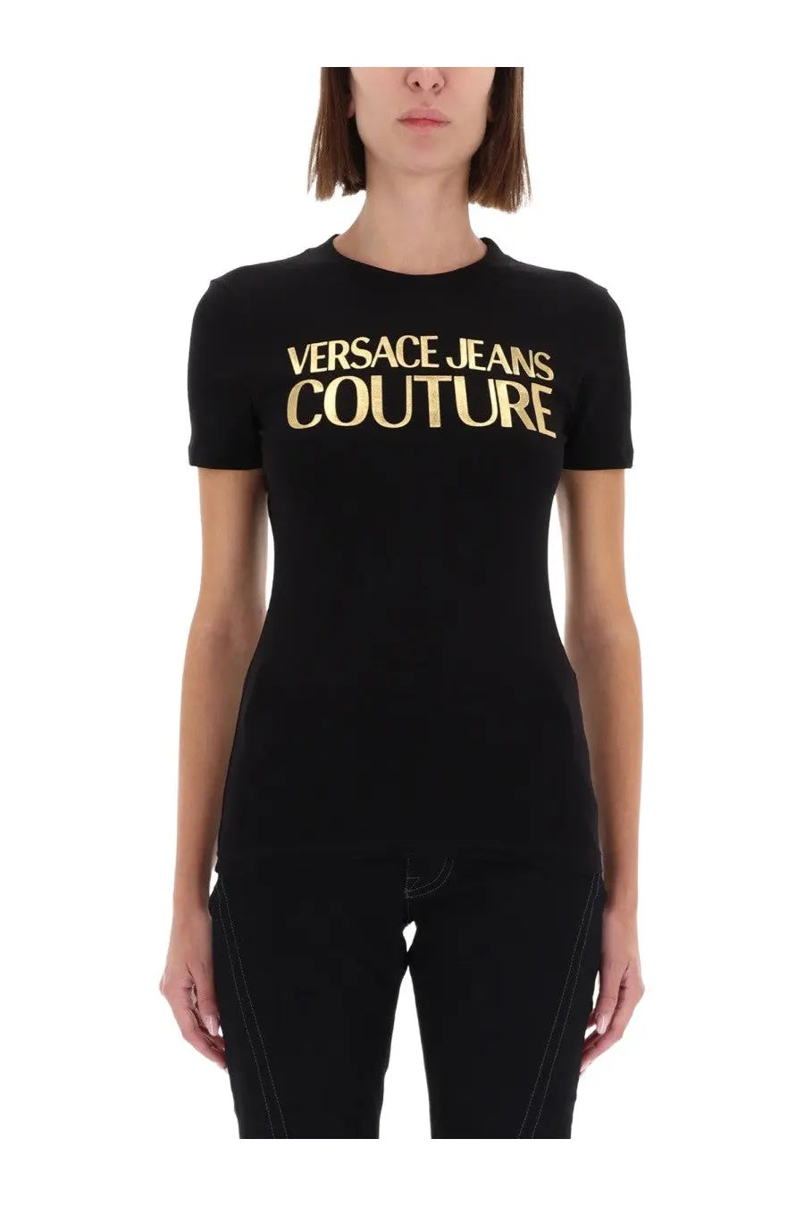 Versace Jeans Couture women’s black short-sleeved shirt with gold lettering printed across the chest