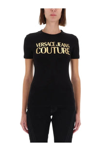 Versace Jeans Couture women’s black short-sleeved shirt with gold lettering printed across the chest
