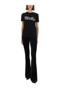 Versace jeans couture women’s black shirt with floral embroidery across the chest in cotton material