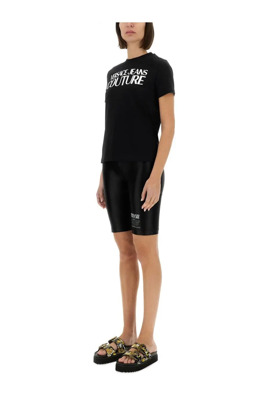 Black versace jeans couture women’s shirt with white logo print made from cotton for casual wear