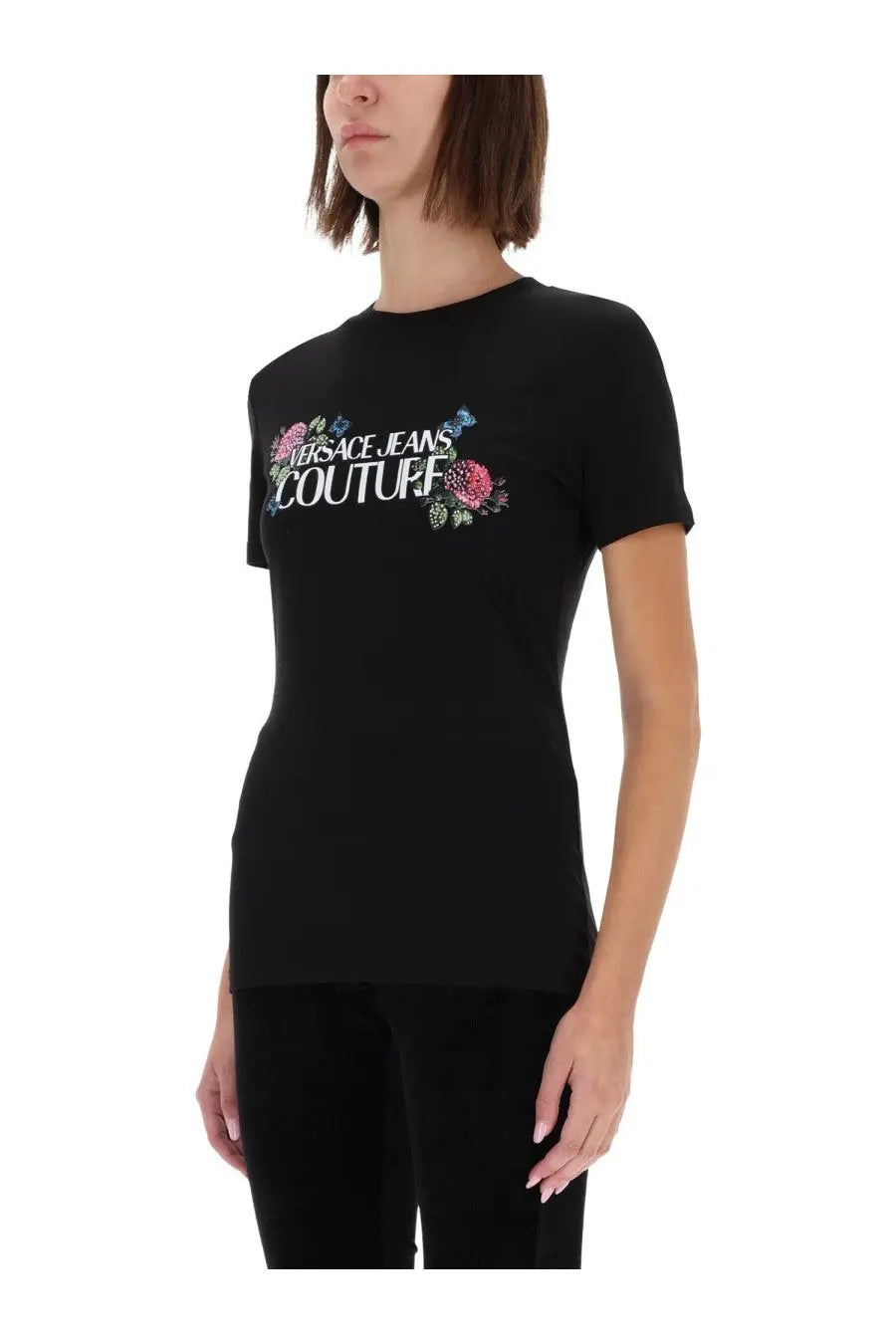 Versace jeans couture women’s black shirt with colorful floral embroidery on chest in cotton fabric