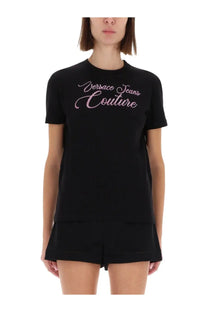 Versace jeans couture women’s black shirt with pink embroidered logo on soft cotton fabric for casual wear
