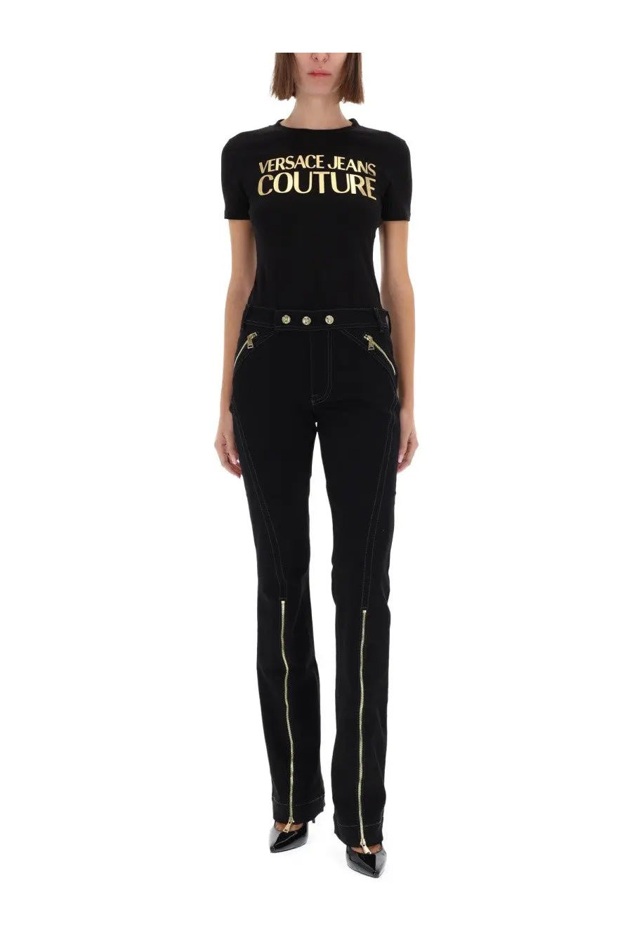 Versace Jeans Couture women’s black short sleeve t-shirt with gold lettering made from soft cotton material
