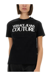 Black versace jeans couture women’s t-shirt with bold white lettering across the chest in cotton fabric