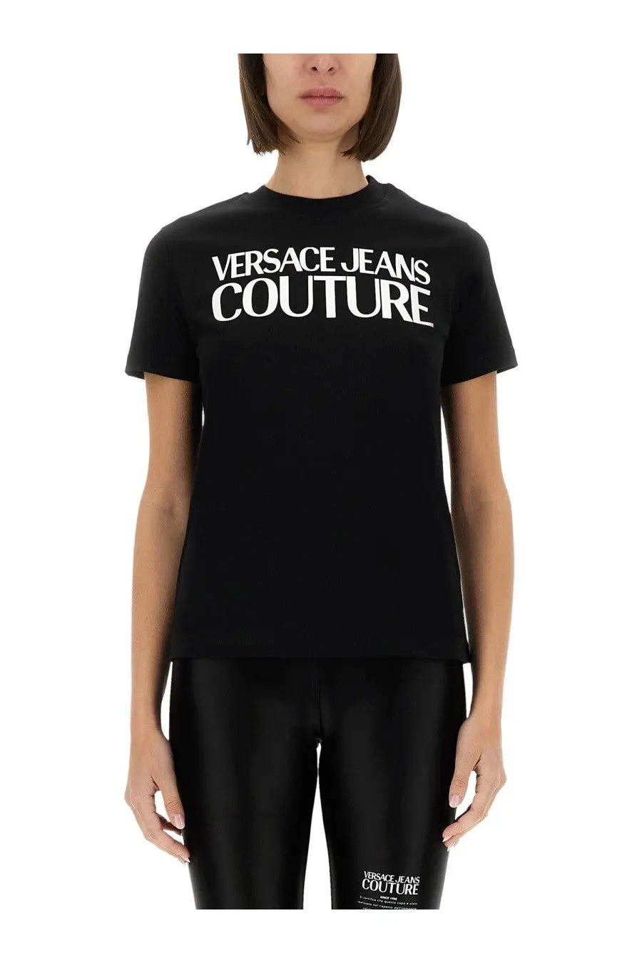 Versace jeans couture women’s black t shirt with bold white lettering on the chest in cotton fabric