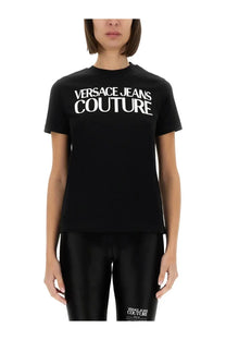 Versace jeans couture women’s black t shirt with bold white lettering on the chest in cotton fabric