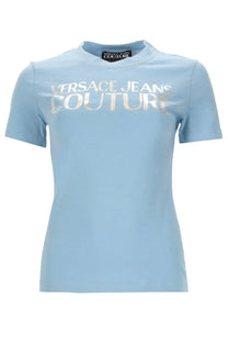 Light blue versace jeans couture women’s shirt with metallic silver lettering across the chest