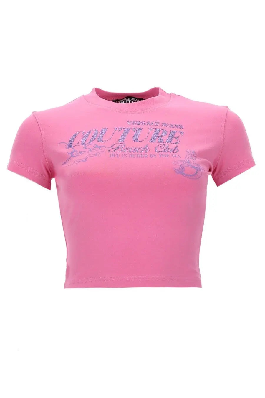Pink Versace Jeans Couture women’s cropped t-shirt with silver glitter couture beach club graphic