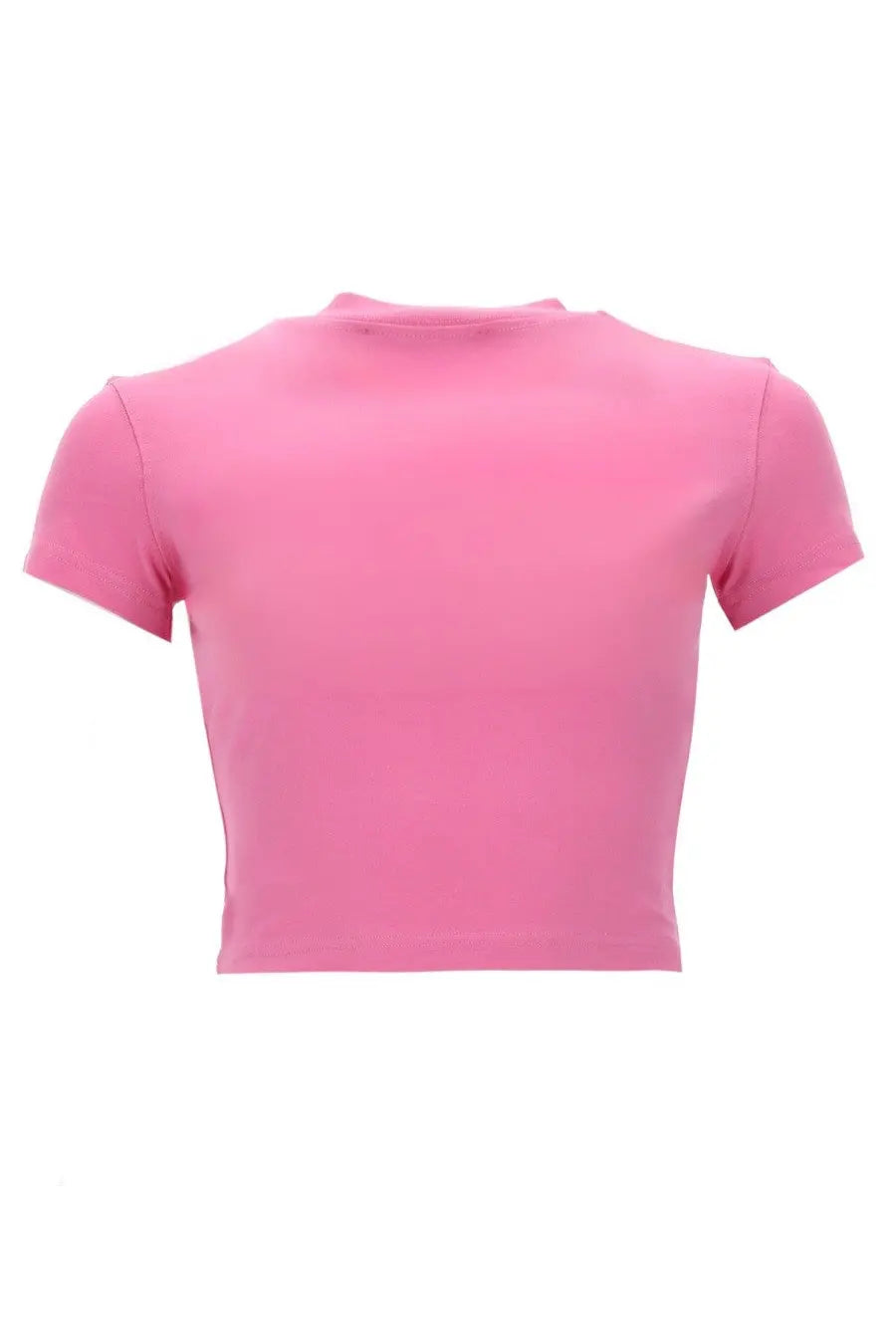 Solid pink short-sleeved crop top with rounded neckline and fitted silhouette from Versace Jeans Couture women’s collection