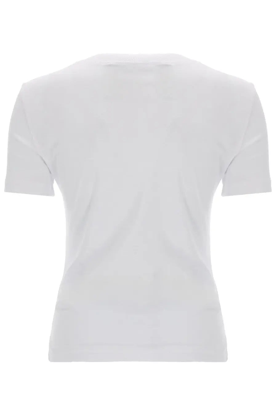 White short-sleeved Versace Jeans Couture women’s shirt with simple crew neck and glitterato detail