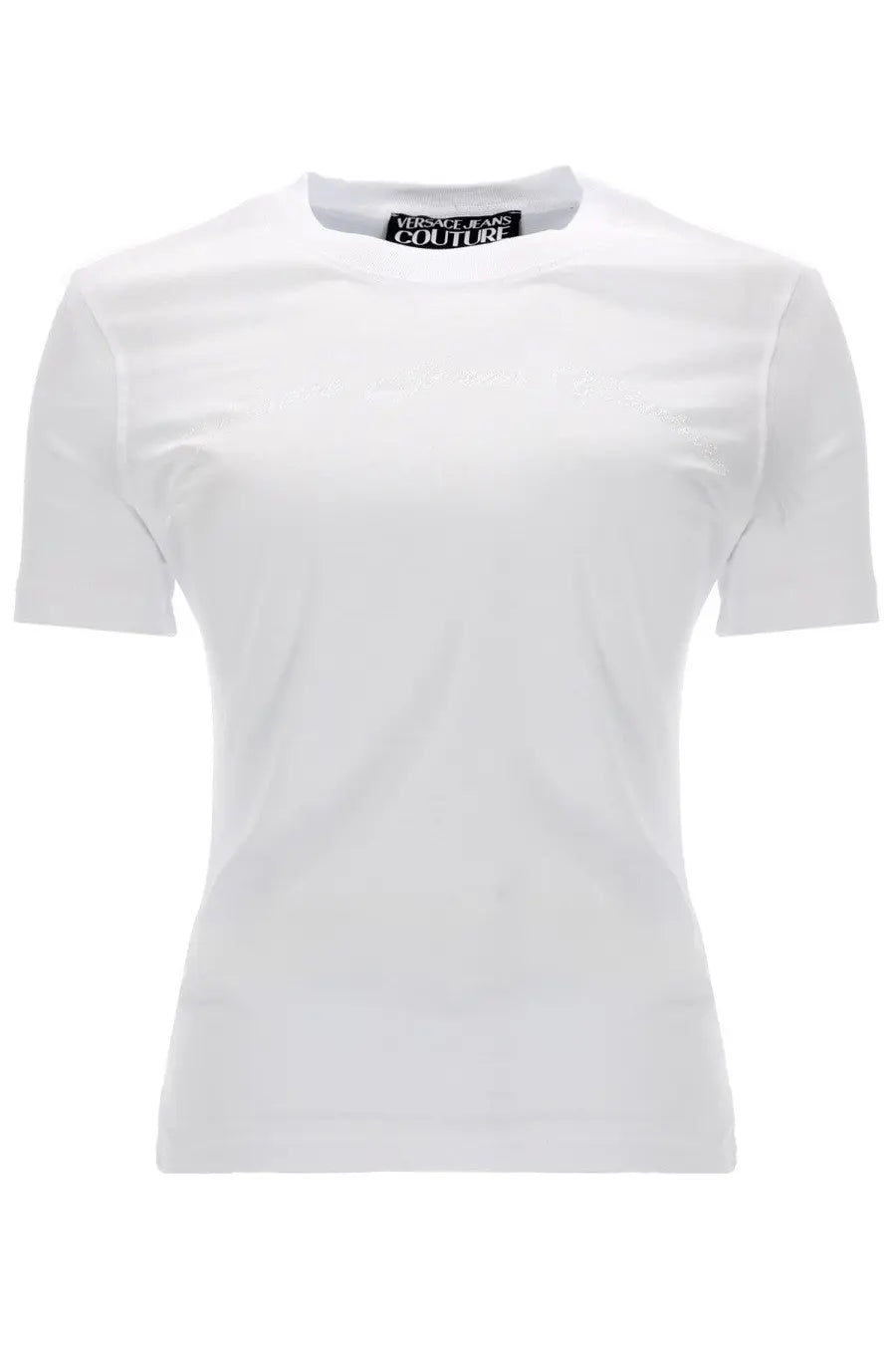 White versace jeans couture women’s short-sleeved shirt with classic crew neck and label at the collar
