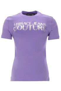 Versace Jeans Couture women’s purple t-shirt with silver metallic lettering across the chest