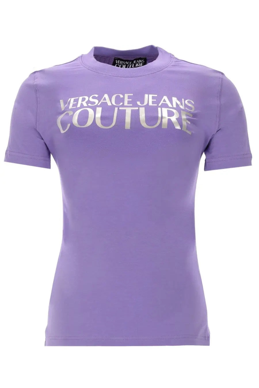Versace jeans couture women’s purple shirt with silver metallic lettering across the chest