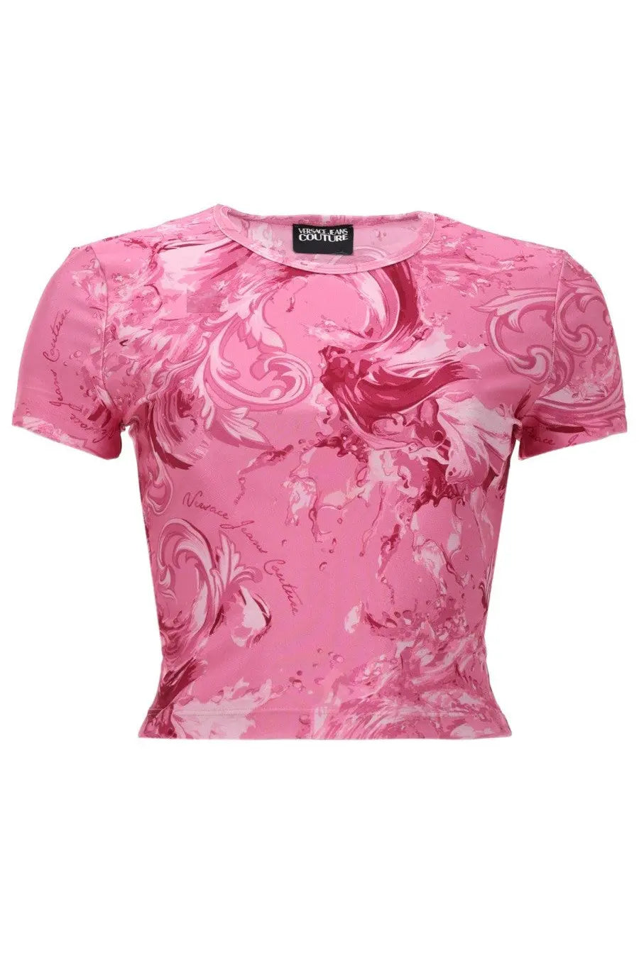 Versace jeans couture women’s cropped t-shirt in pink with a swirling marble pattern and wave print design