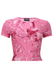 Versace jeans couture women’s cropped t-shirt in pink with a swirling marble pattern and wave print design