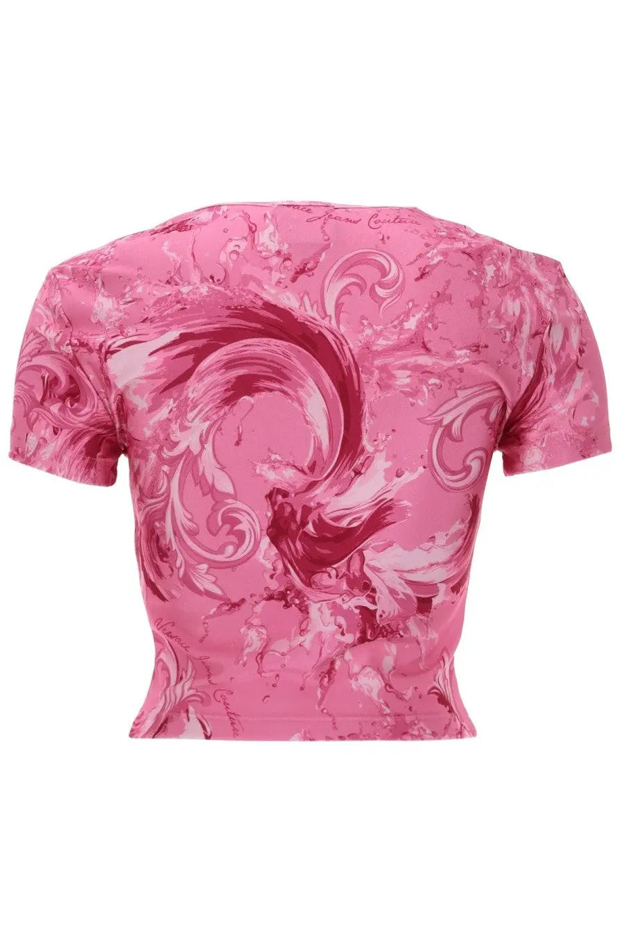 Versace Jeans Couture women’s pink cropped top with swirling magenta and white ornate pattern front view