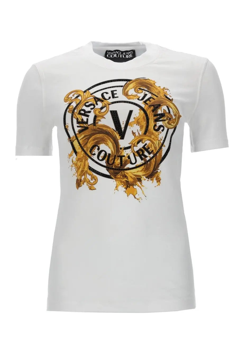 Versace Jeans Couture women’s white t-shirt with bold gold and black ornate logo design on front
