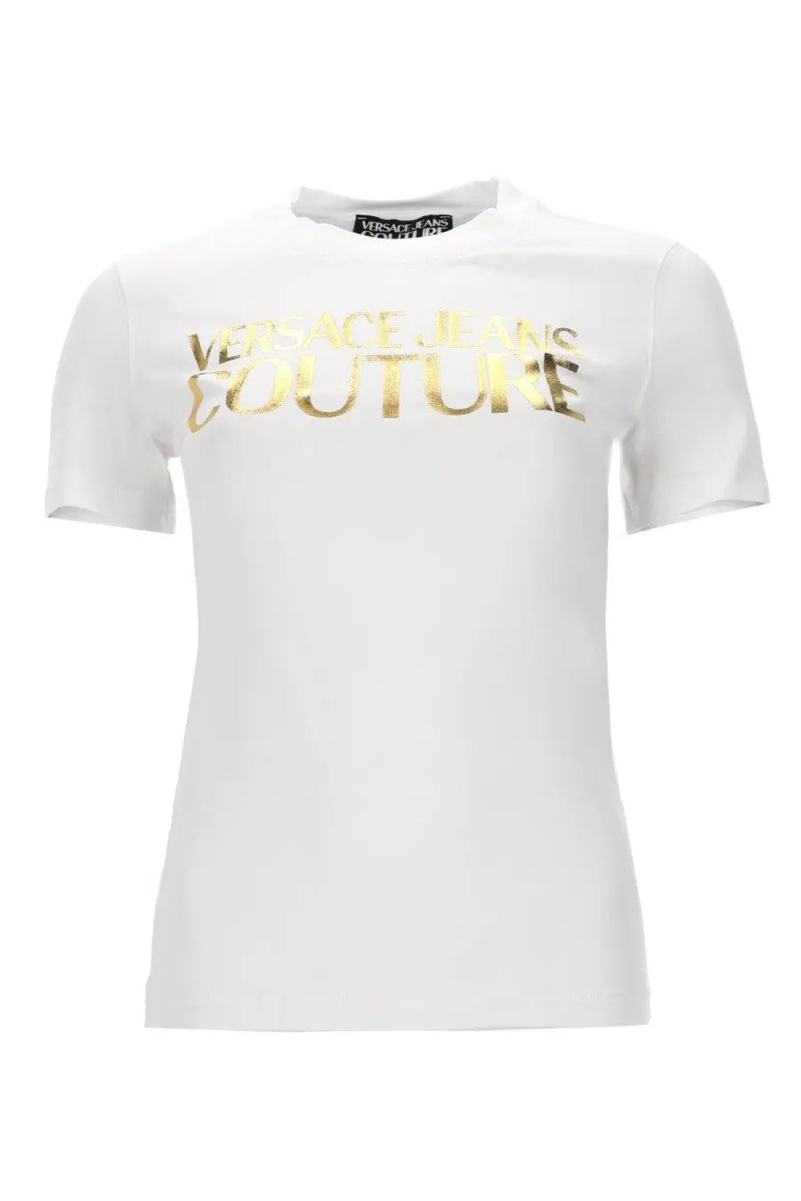 White versace jeans couture women’s t-shirt in cotton with gold foil lettering across the chest