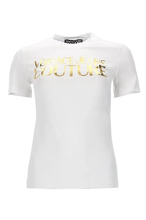 White versace jeans couture women’s t-shirt in cotton with gold foil lettering across the chest